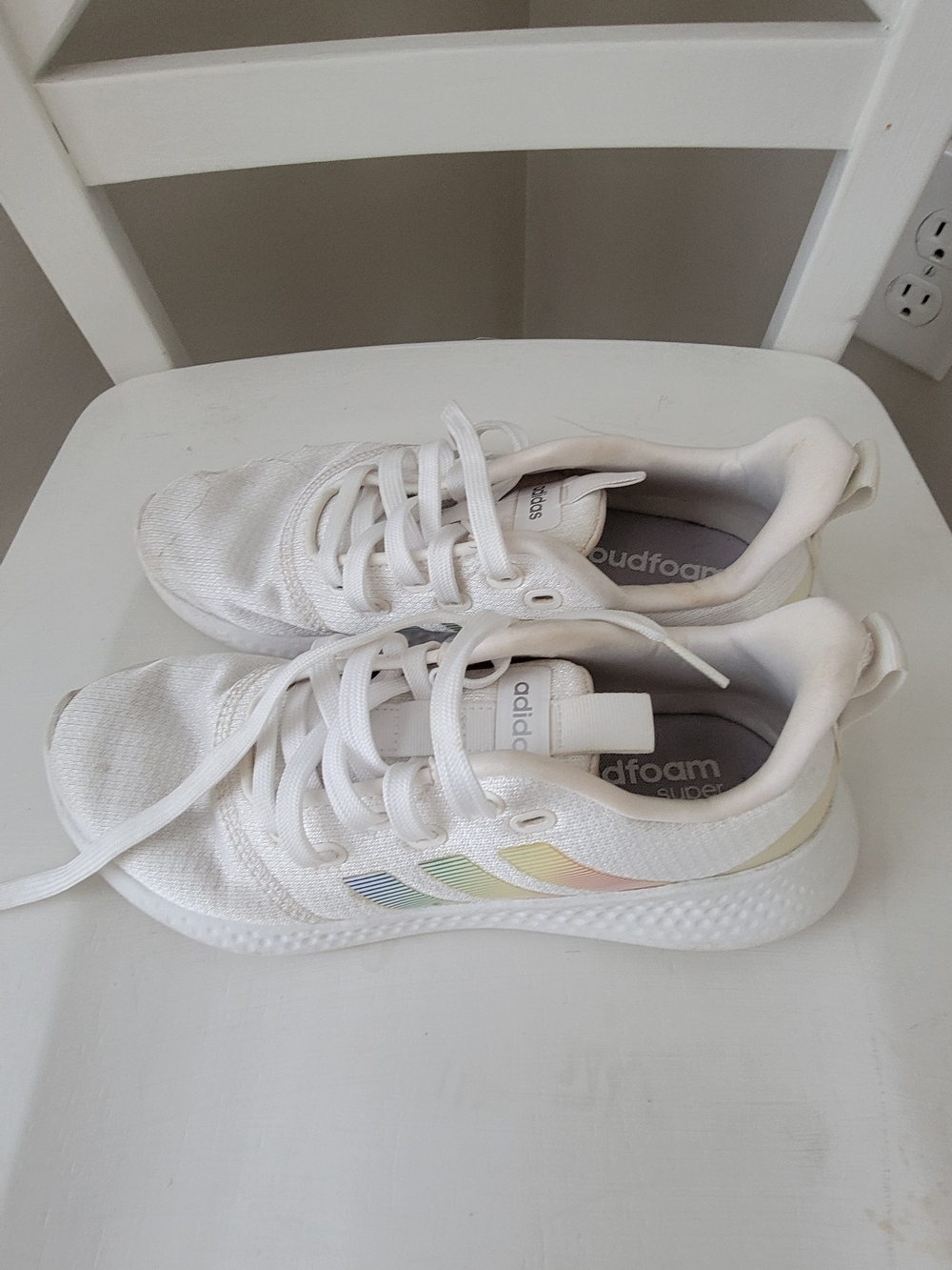 Adidas White Athletic Sneakers with Subtle Rainbow Stripes Womens Size 7